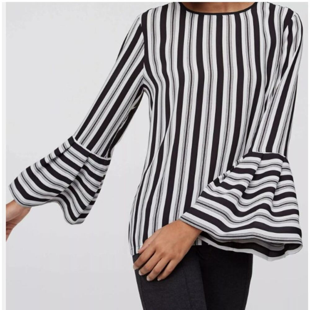NWT LOFT Flowy Striped Bell Sleeve Blouse Top Size Medium Black/White Womens
